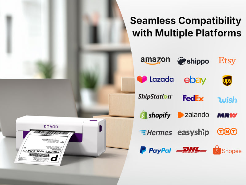KNAON Y486AP AirPrint wireless thermal label printer compatible with Shopify, Etsy, Amazon, eBay, UPS, FedEx, DHL, and shipping platforms