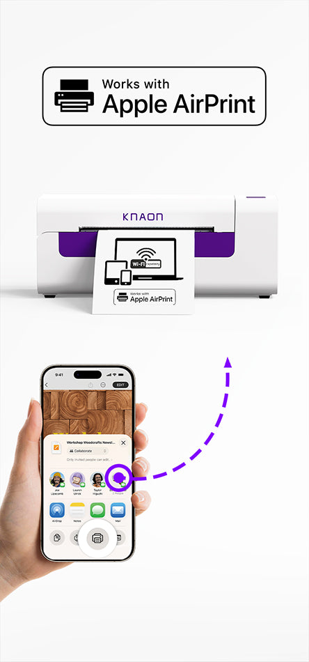 KNAON Y486AP AirPrint wireless thermal label printer printing shipping labels directly from iPhone