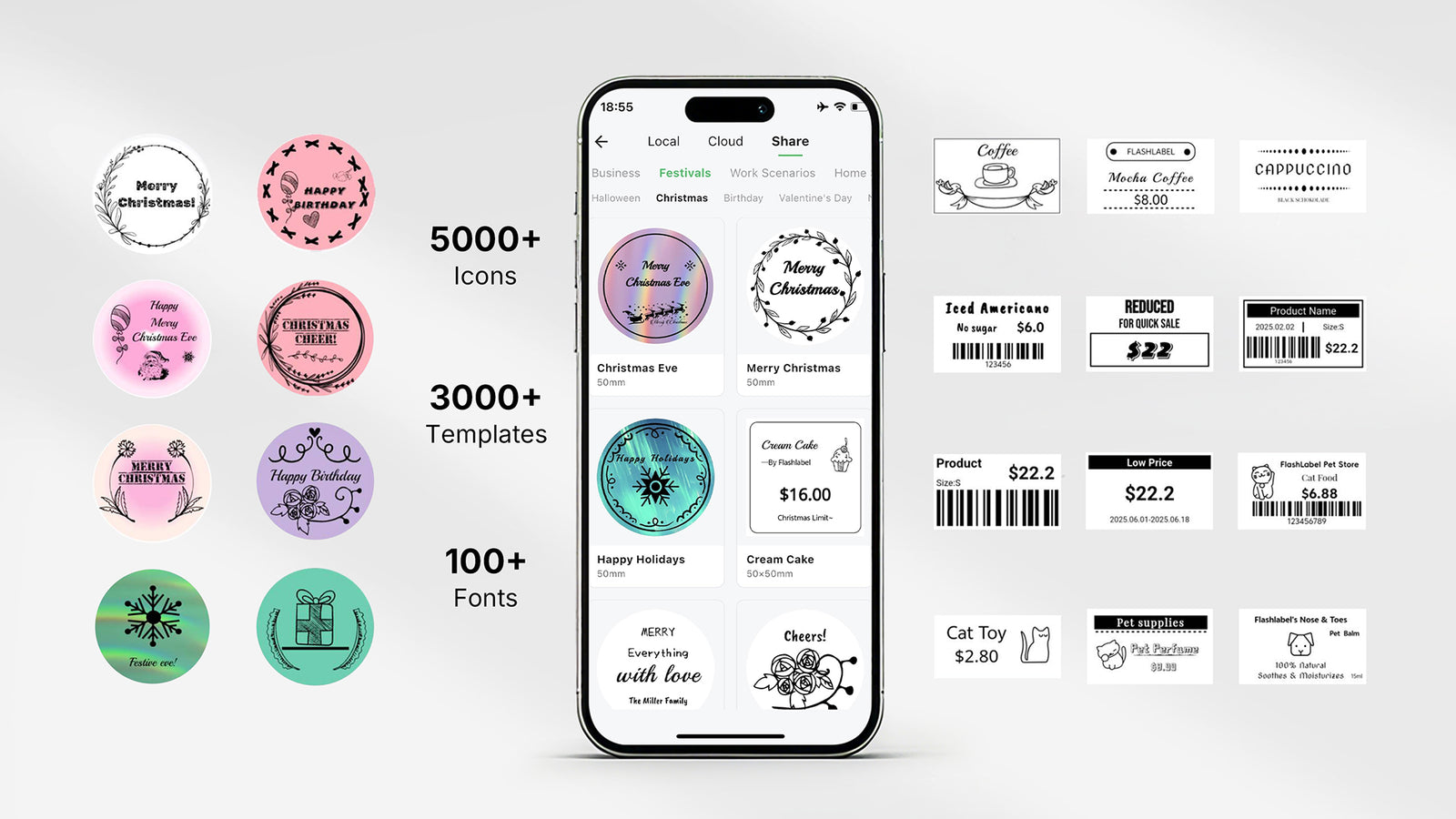 KNAON Y486AP thermal label printer app with templates, icons, and fonts for custom product labels, price tags, and stickers