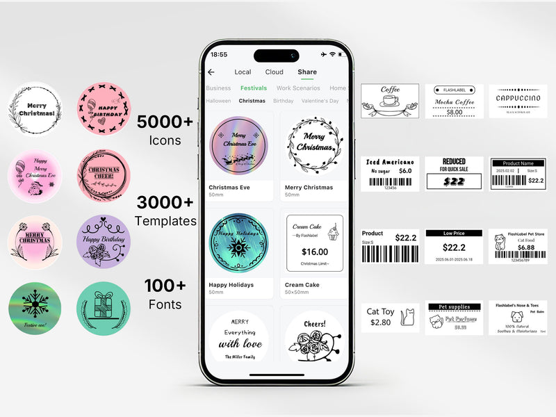 KNAON Y486AP thermal label printer app with templates, icons, and fonts for custom product labels and stickers