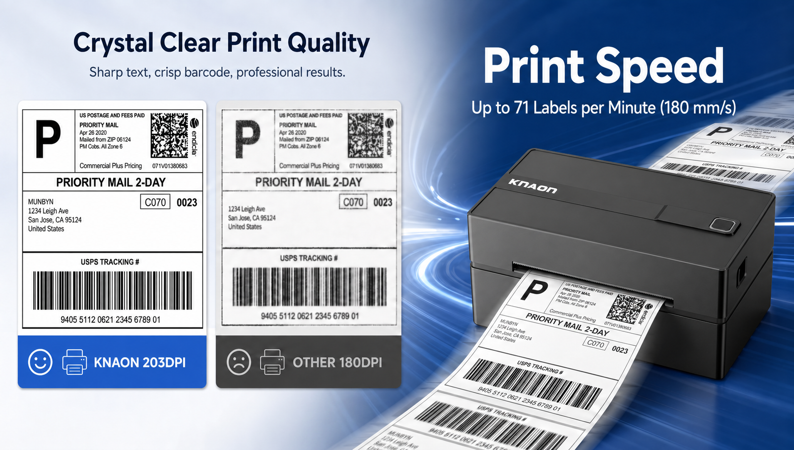 KNAON Y813BT black thermal shipping label printer with 203DPI clear barcode printing and 180mm/s fast print speed