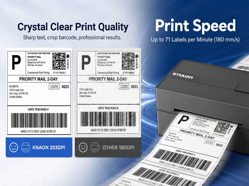 KNAON Y813BT black thermal shipping label printer with 203DPI clear barcode printing and 180mm/s fast print speed
