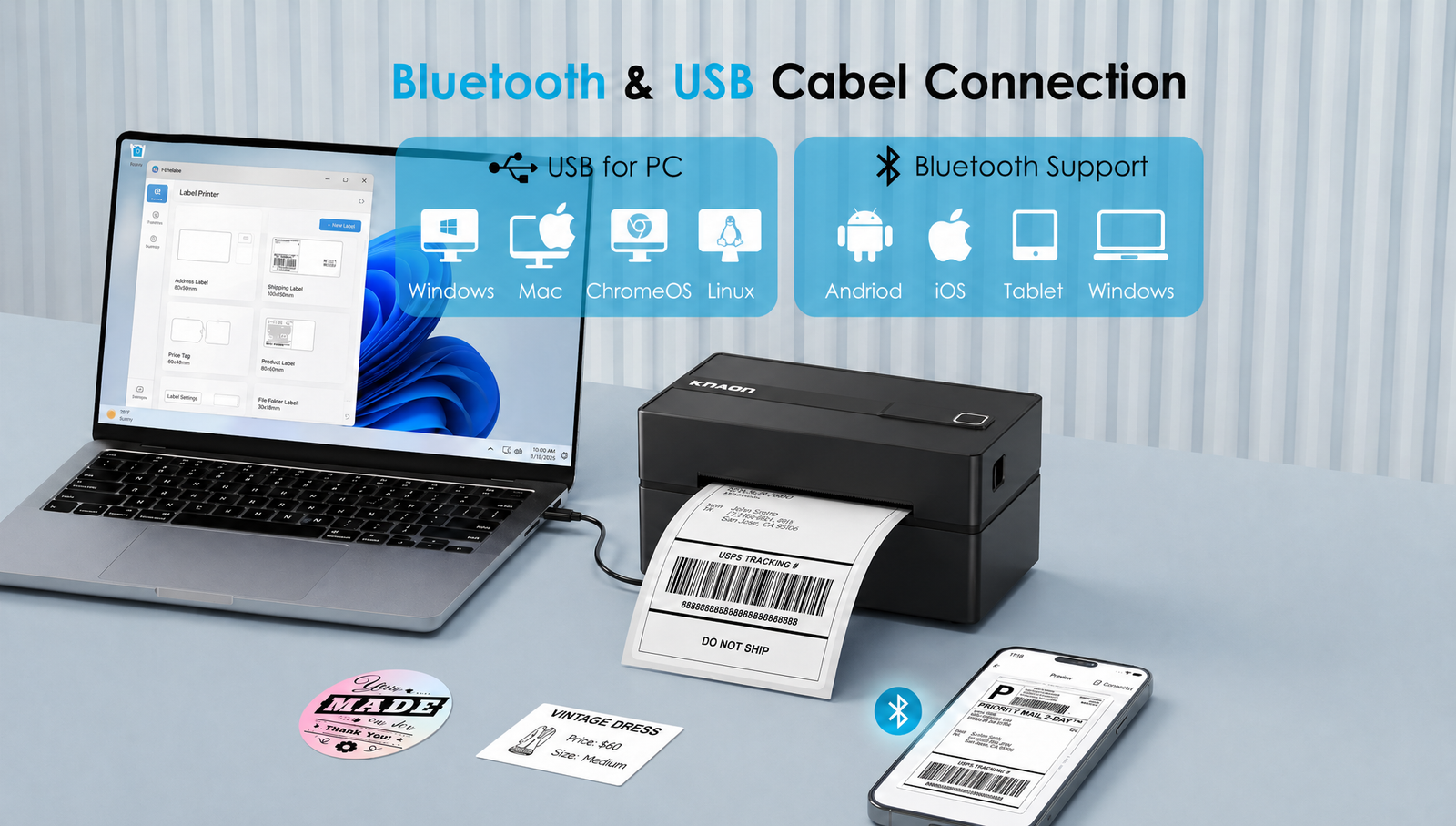 KNAON Y813BT black Bluetooth thermal label printer with USB connection for Windows, Mac, ChromeOS, Linux, Android, iOS, and tablet label printing