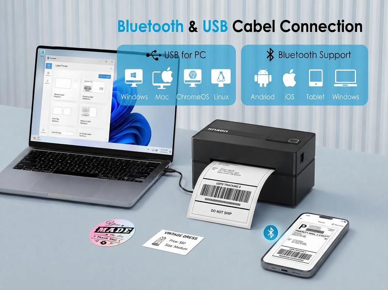 KNAON Y813BT black Bluetooth thermal label printer with USB connection for Windows, Mac, ChromeOS, Linux, Android, iOS, and tablet label printing