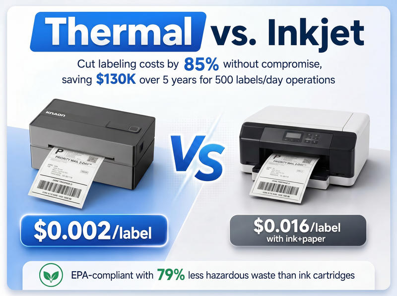 KNAON Y813BT black thermal label printer reduces label printing costs compared with inkjet printers for small business shipping