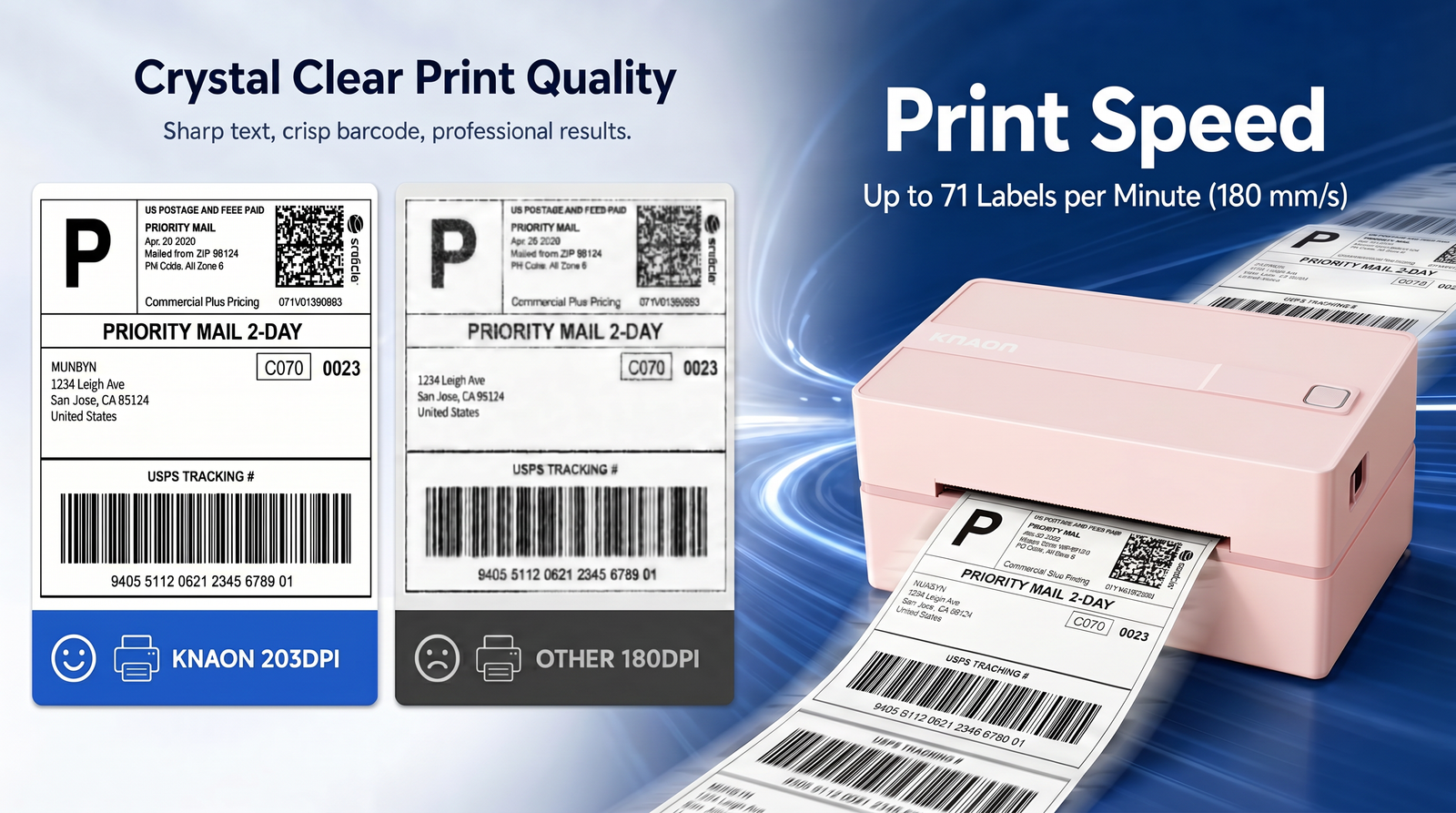 KNAON Y813BT pink thermal shipping label printer with 203DPI clear barcode printing and 180mm/s fast print speed