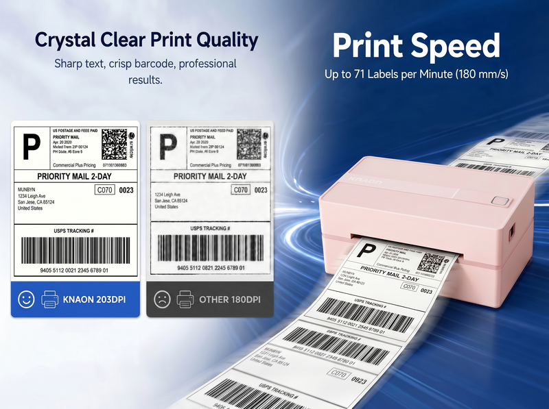 KNAON Y813BT pink thermal shipping label printer with 203DPI clear barcode printing and 180mm/s fast print speed