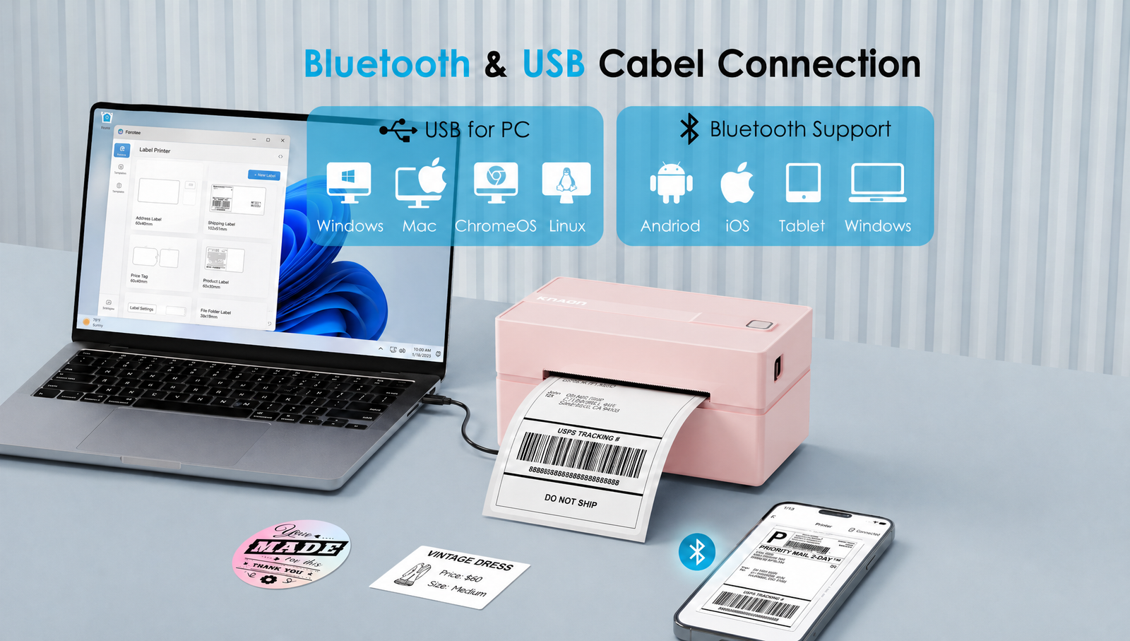 KNAON Y813BT pink Bluetooth thermal label printer with USB connection for Windows, Mac, ChromeOS, Linux, Android, iOS, and tablet label printing