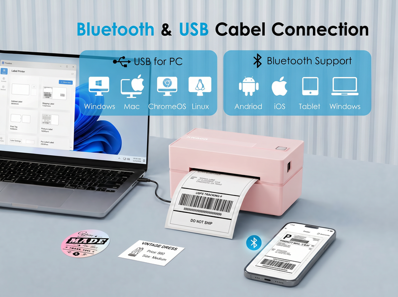 KNAON Y813BT white Bluetooth thermal label printer with USB connection for Windows, Mac, ChromeOS, Linux, Android, iOS, and tablet label printing