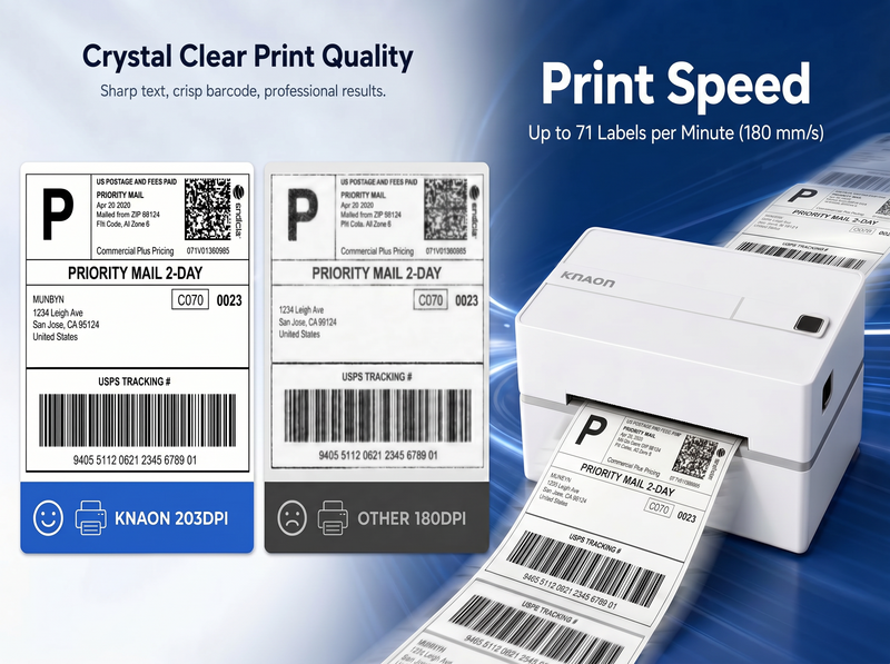 KNAON Y813BT white thermal shipping label printer with 203DPI clear barcode printing and 180mm/s fast print speed