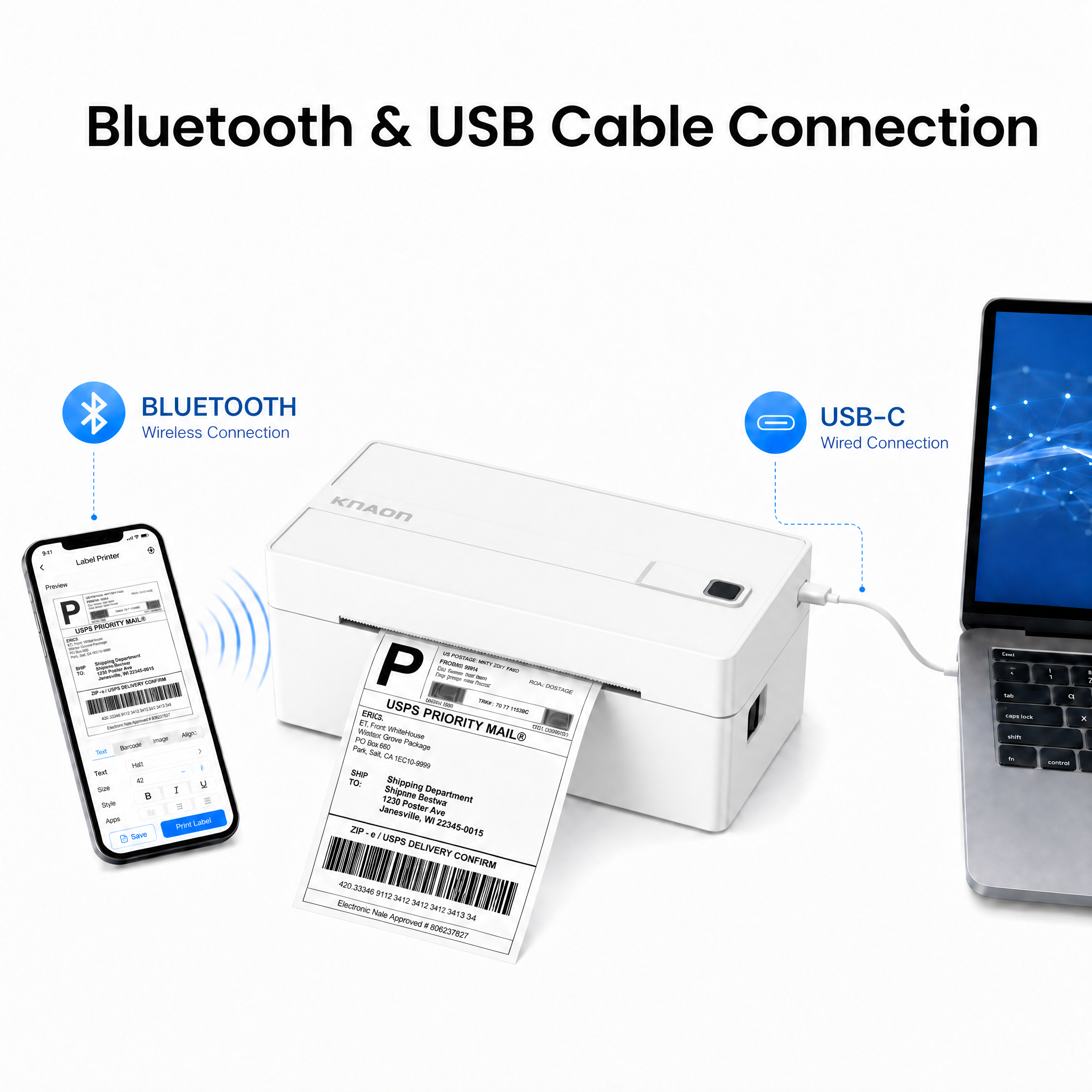 KNAON Y813BT white Bluetooth and USB-C thermal shipping label printer connects to phone and computer for label printing