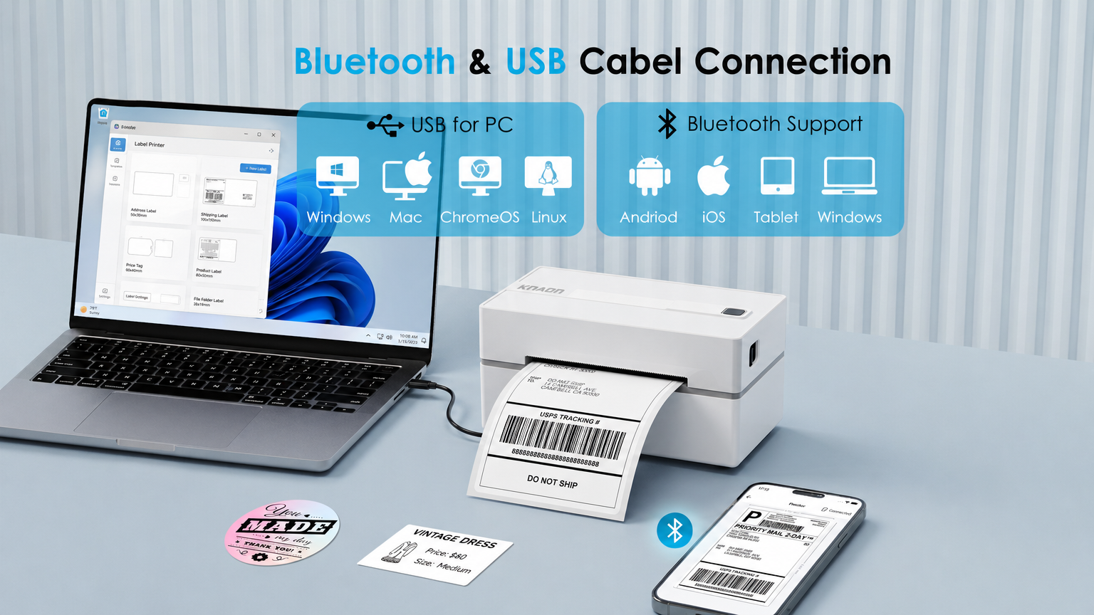 KNAON Y813BT white Bluetooth thermal label printer with USB connection for Windows, Mac, ChromeOS, Linux, Android, iOS, and tablet label printing