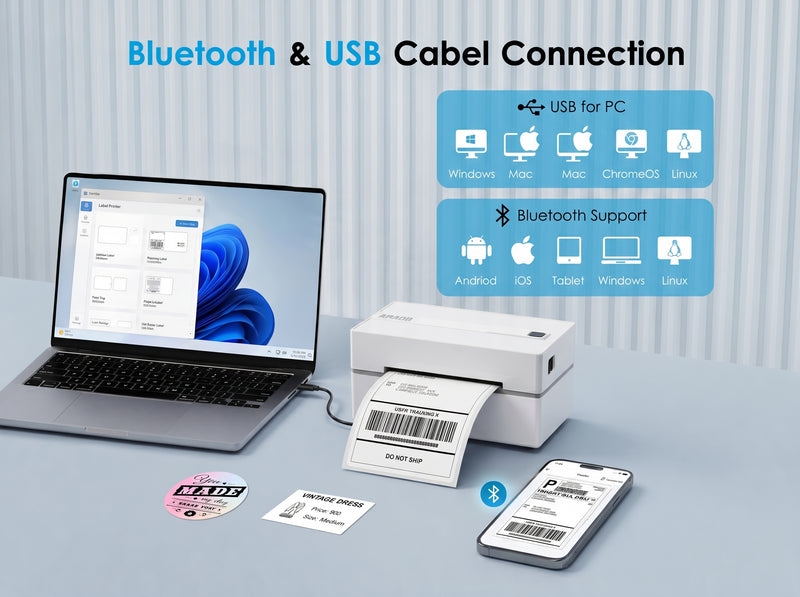 KNAON Y813BT white Bluetooth thermal label printer with USB connection for Windows, Mac, ChromeOS, Linux, Android, iOS, and tablet label printing