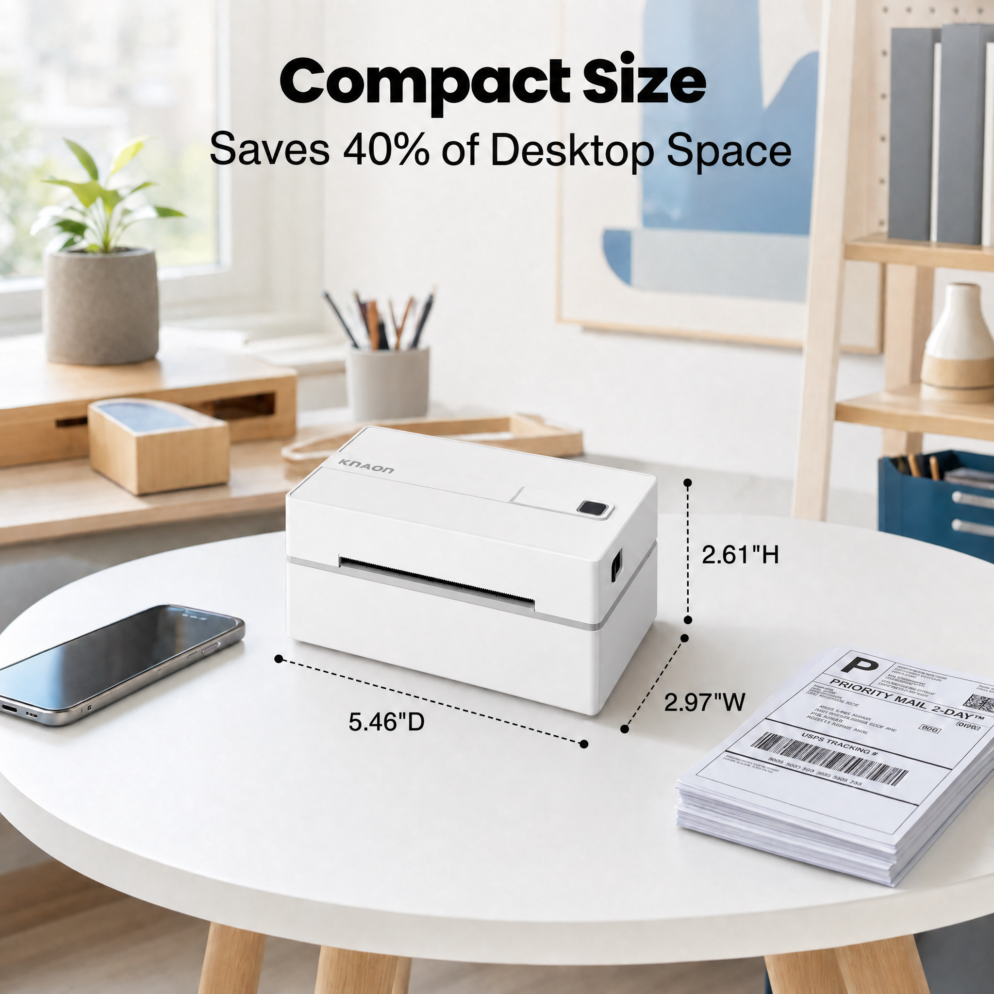 KNAON Y813BT white compact thermal label printer saves desktop space for home office and small business shipping