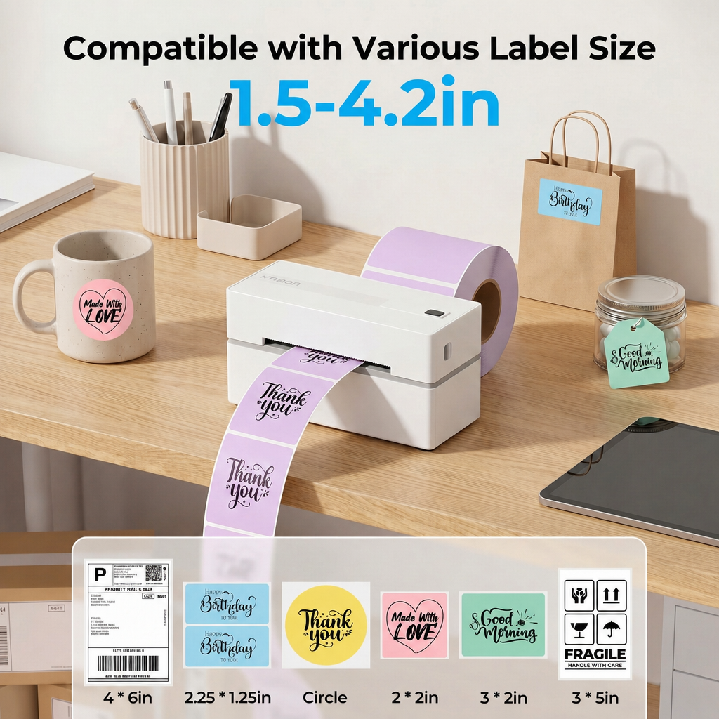 KNAON Y813BT white thermal label printer supports multiple label sizes for shipping labels, thank you stickers, product labels, and fragile labels