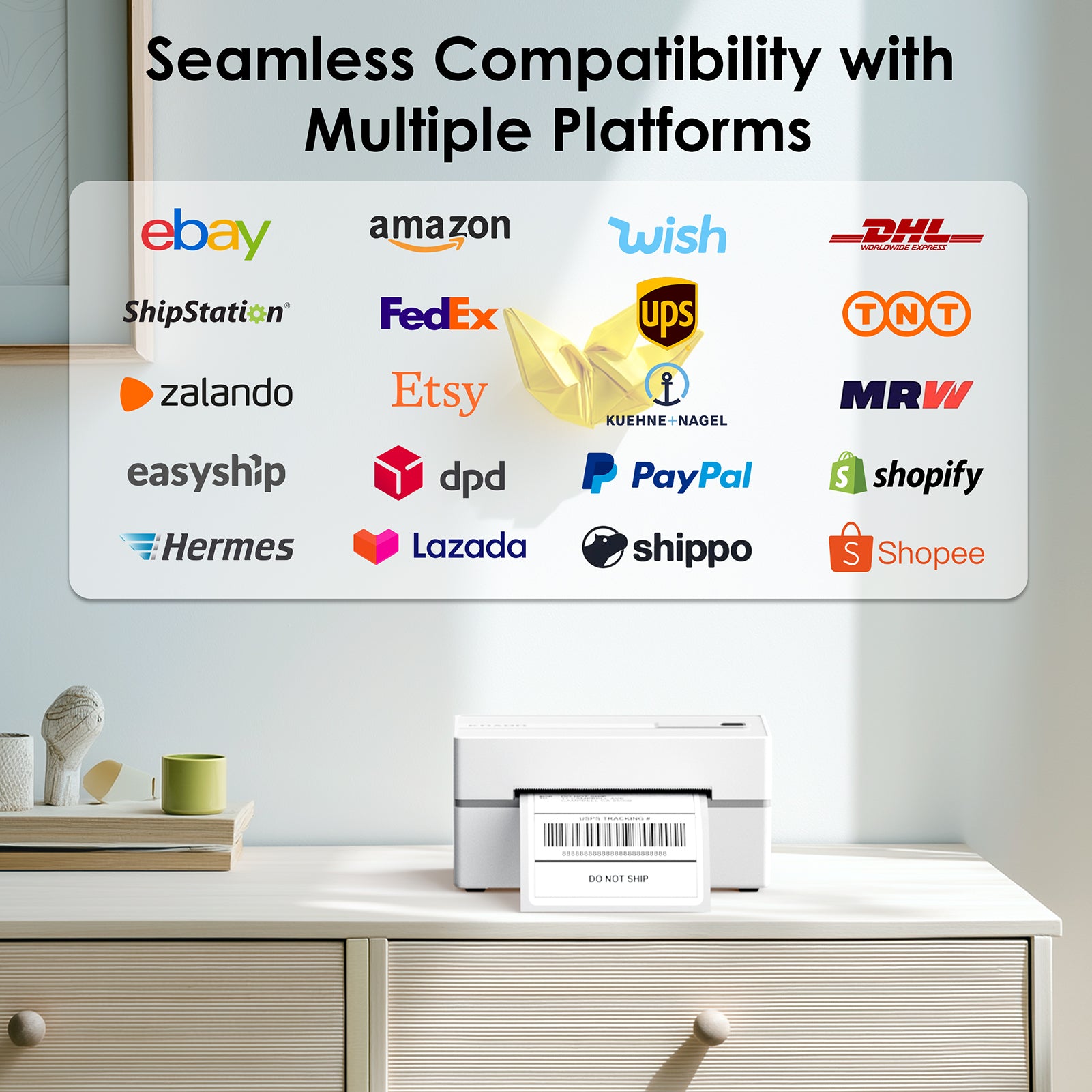 KNAON Y813BT white shipping label printer compatible with Shopify, Etsy, Amazon, eBay, UPS, FedEx, DHL, PayPal, and major shipping platforms