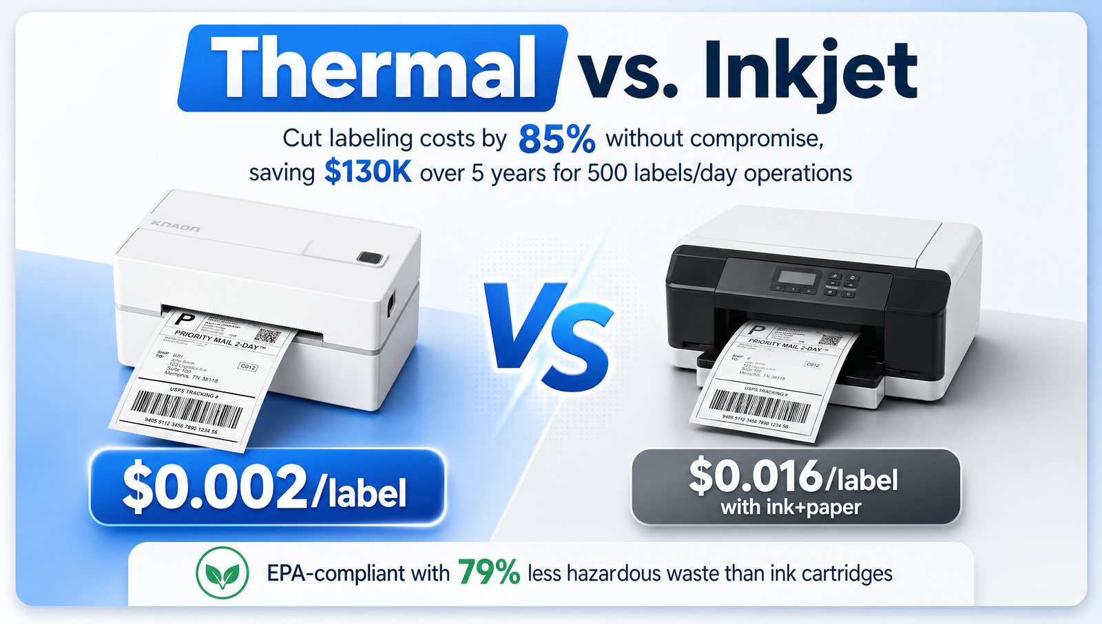 KNAON Y813BT white thermal label printer reduces label printing costs compared with inkjet printers for small business shipping