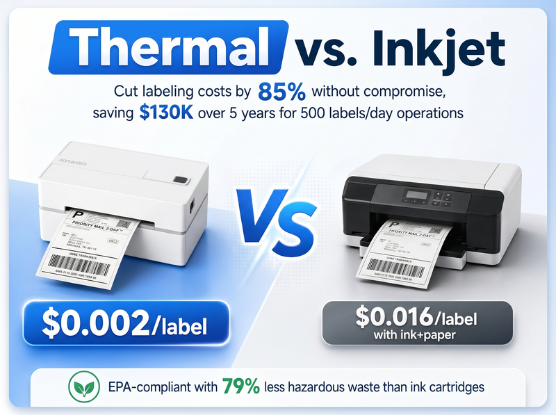 KNAON Y813BT white thermal label printer reduces label printing costs compared with inkjet printers for small business shipping